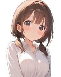  1girl blush brown_eyes brown_hair double-parted_bangs embarrassed hair_tie highres light_particles long_sleeves looking_at_viewer low_twintails medium_hair minase_shuu original shirt simple_background solo twintails upper_body white_background white_shirt 