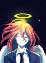  1boy angel angel_devil_(chainsaw_man) angel_wings black_jacket black_necktie chainsaw_man closed_eyes closed_mouth collared_shirt commentary_request double-parted_bangs hair_between_eyes halo jacket male_focus medium_hair necktie open_clothes open_jacket red_hair shirt solo upper_body washijayowashi0 white_shirt white_wings wing_collar wings 