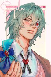  1boy anaxa_(honkai:_star_rail) bag blush cardigan closed_mouth commentary eyepatch green_hair highres holding holding_bag honkai:_star_rail honkai_(series) incoming_gift looking_at_viewer male_focus nokkusuart pink_cardigan sample_watermark shirt short_hair solo twitter_username upper_body watermark white_shirt 