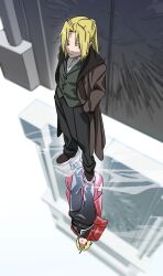  1boy ahoge black_jacket black_pantyhose black_shirt black_shoes blonde_hair brown_coat closed_mouth coat collared_shirt commentary different_reflection doorway dual_persona edward_elric full_body fullmetal_alchemist green_vest hands_in_pockets highres jacket long_coat long_hair male_focus military_uniform okbdko123 pantyhose parted_bangs ponytail red_coat reflection shirt shoes solo standing untranslatable_commentary vest white_shirt yellow_eyes 