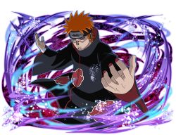  1boy akatsuki_uniform amegakure_symbol barbell_piercing black_coat coat ear_piercing face_piercing forehead_protector industrial_piercing jewelry looking_at_viewer naruto_(series) naruto_shippuuden:_ultimate_ninja_blazing nose_piercing official_art orange_hair pain_(naruto) piercing print_coat red_nails ring rinnegan short_hair solo spiky_hair teeth violet_eyes 