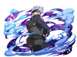  1boy black_mask black_pants black_shirt forehead_protector grey_hair hatake_kakashi konohagakure_symbol looking_at_viewer looking_back mask mouth_mask naruto_(series) naruto_shippuuden:_ultimate_ninja_blazing official_art pants shirt short_hair 
