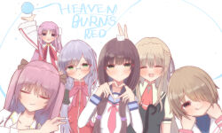  :p absurdres aikawa_megumi asakura_karen_(heaven_burns_red) black_hair blonde_hair braid brown_hair commentary_request finger_heart glasses green_eyes hair_over_one_eye heaven_burns_red highres izumi_yuki_(heaven_burns_red) kayamori_ruka kunimi_tama long_hair luchia pink_hair red_eyes school_uniform short_hair simple_background tongue tongue_out toujou_tsukasa 