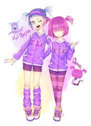  2girls brynn_(monsters_inc.) commentary_request donna_(monsters_inc) full_body humanization long_hair long_sleeves looking_at_viewer monsters_inc. multiple_girls open_mouth personification pink_hair shoes short_hair simple_background smile socks sweater yokotn 
