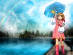  card_captor_sakura kero kinomoto_sakura rain raincoat umbrella 