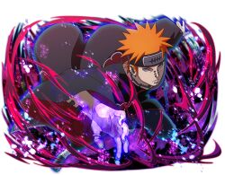  1boy akatsuki_uniform amegakure_symbol barbell_piercing black_coat black_nails coat ear_piercing face_piercing forehead_protector industrial_piercing jewelry looking_at_viewer naruto_(series) naruto_shippuuden:_ultimate_ninja_blazing nose_piercing official_art orange_hair pain_(naruto) piercing print_coat ring rinnegan short_hair solo spiky_hair teeth violet_eyes 