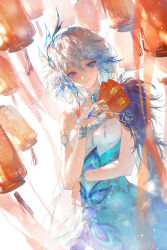  1girl absurdres aqua_dress bare_shoulders blue_eyes bracelet china_dress chinese_clothes chinese_commentary closed_mouth commentary_request dress envelope grey_hair hair_between_eyes hand_up highres holding holding_envelope hongbao honkai:_star_rail honkai_(series) jewelry lantern long_hair looking_at_viewer miaodalizi multicolored_hair peacock_feathers_hair_ornament sleeveless sleeveless_dress smile solo standing white_dress yao_guang_(honkai:_star_rail) 