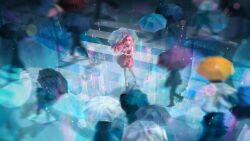  1girl absurdres ankle_socks argyle_clothes argyle_dress artist_request bloom_poetry_(shining_nikki) bow bowtie brown_eyes clothes_writing collared_shirt commentary crosswalk dress dress_bow english_commentary expressionless eyelashes floating_clothes floating_hair floral_print high_collar highres holding holding_umbrella light_particles long_hair long_sidelocks long_sleeves looking_at_viewer nikki_(nikki) nikki_(series) official_art official_wallpaper outdoors parted_lips people pinafore_dress pink_dress pink_hair pleated_dress print_dress rain red_bow red_bowtie reflection reflective_liquid ripples second-party_source shining_nikki shirt shoes short_dress sidelocks sleeveless sleeveless_dress sleeves_past_wrists socks transparent transparent_umbrella umbrella umbrella_over_shoulder very_long_hair white_shirt white_shoes white_socks wide_shot wind 