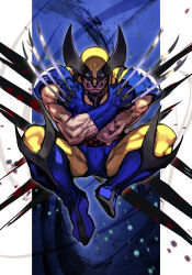  1boy black_mask blue_bodysuit bodysuit claws clenched_hand clenched_teeth full_body hankuri male_focus marvel midair solo teeth wolverine_(x-men) x-men yellow_bodysuit yellow_mask 