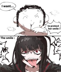  1boy 1girl ^_^ ahoge black_hair black_serafuku blood blood_from_mouth blue_archive closed_eyes closed_mouth commentary doodle_sensei_(blue_archive) english_text highres kai_xin long_hair looking_at_viewer pale_skin red_eyes school_uniform sensei_(blue_archive) serafuku sharp_teeth signature smile teeth tongue tongue_out tsurugi_(blue_archive) uneven_eyes untranslatable_commentary v-shaped_eyebrows wide-eyed 