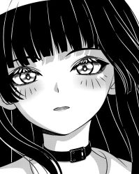  1girl blush chisa_(wuthering_waves) choker commentary greyscale hashtag-only_commentary highres long_hair looking_at_viewer mole mole_under_eye monochrome namaeman parted_lips portrait solo wuthering_waves 