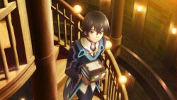  1boy artist_request black_hair black_pants book brown_eyes brown_gloves closed_mouth cowboy_shot from_above game_cg gloves highres holding holding_book jude_mathis library looking_at_viewer official_art pants short_hair smile solo spiral_staircase stairs standing tales_of_(series) tales_of_crestoria tales_of_xillia third-party_source wall_lamp wooden_stairs 