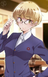  1girl alternate_hair_length alternate_hairstyle artist_logo black-framed_eyewear blonde_hair blue_cardigan blurry blurry_background blush breasts cardigan classroom closed_mouth commentary depth_of_field dress_shirt em_(totsuzen_no_hakike) glasses grey_necktie hand_in_own_hair hand_on_own_hip indoors logo looking_at_viewer necktie perrine_h._clostermann semi-rimless_eyewear shirt short_hair small_breasts smile solo strike_witches upper_body white_shirt world_witches_series yellow_eyes 