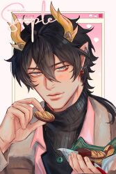  1boy black_hair black_sweater chocolate commentary dan_heng_(honkai:_star_rail) dan_heng_(permansor_terrae)_(honkai:_star_rail) dragon_boy dragon_horns english_commentary food green_eyes highres holding holding_chocolate holding_food honkai:_star_rail honkai_(series) horns incoming_food jewelry looking_at_viewer male_focus medium_hair necklace nokkusuart sample_watermark solo sweater turtleneck twitter_username upper_body watermark yellow_horns 