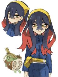  1girl black_hair blue_jacket blue_pants blueberry_academy_school_uniform carmine_(pokemon) closed_mouth colored_inner_hair crossed_bangs eyelashes fanny_pack hair_between_eyes hairband highres jacket long_hair long_sleeves looking_at_viewer magainu mole mole_under_eye multicolored_hair multiple_views pants pokemon pokemon_(creature) pokemon_sv red_hair school_uniform sinistcha two-tone_hair white_background yellow_eyes yellow_hairband 