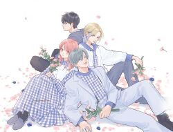  1girl 3boys ashioki_oushi black_boots black_hair black_pants black_socks blonde_hair blue_collar blue_eyes blue_flower blue_neckerchief blue_pants blue_sailor_collar blue_shirt blue_skirt blush boots collar collared_shirt commentary english_commentary flower gradient_hair grey_hair grey_hoodie grey_shoes holding holding_flower hood hoodie iryu_shin itose_yuki itsuomi_nagi lips long_hair long_sleeves looking_at_viewer medium_hair morisita_suu multicolored_hair multicolored_neckerchief multiple_boys neckerchief official_art pants petals pink_flower plaid_clothes plaid_neckerchief plaid_shirt plaid_skirt purple_hair purple_neckerchief purple_shirt purple_skirt red_eyes red_hair sailor_collar second-party_source shirt shoes short_hair simple_background sitting skirt smile socks violet_eyes white_background white_neckerchief white_shirt white_skirt yubisaki_to_renren 