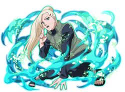  1girl black_boots black_pants black_shirt blonde_hair blue_eyes boots flak_jacket jacket long_hair naruto_(series) naruto_shippuuden:_ultimate_ninja_blazing official_art open-toe_boots open_mouth pants ponytail shirt solo squatting teeth upper_teeth_only yamanaka_ino 