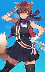  1girl 31st_joint_fighter_squadron_afrika_(emblem) alcohol animal_ears black_skirt black_thighhighs black_vest blue_background blue_scarf blush bottle brown_eyes brown_hair cowboy_shot cropped_jacket dog_ears dog_tail dress_shirt earrings em_(totsuzen_no_hakike) emblem garrison_cap gloves grin hat holding holding_bottle idol jacket jewelry katou_keiko looking_at_viewer miniskirt one_eye_closed pleated_skirt red_hat red_jacket red_sash sash scarf shirt short_hair skirt sleeveless sleeveless_jacket smile solo standing stud_earrings tail thigh-highs v v_over_eye vest vodka white_gloves white_shirt witches_of_africa world_witches_series 