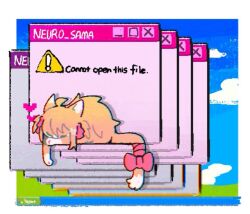  ahchive_be ahoge animal_focus animal_with_hair animalization bliss_(image) blue_sky border bow cat closed_eyes clouds desktop_(computing) drop_shadow error_message evil_neuro-sama hair_ribbon hashtag-only_commentary heart microsoft_windows neuro-sama no_humans orange_cat red_bow ribbon sign sky sleeping tail tail_bow tail_ornament taskbar two_side_up vedal_ai warning_sign white_border windows_xp 