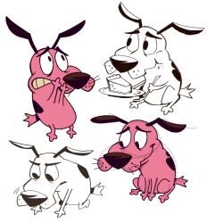  animal cake courage_(character) courage_the_cowardly_dog dog eating food lineart pink_fur schumisnoopy simple_background solo toon_(style) 
