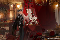  2boys absurdres anouchka_cash becoming_a_god_in_the_zerg_world_by_livestreaming_bl_novels blonde_hair cage chinese_commentary commentary_request epaulettes face-to-face flower hat highres holding holding_cage in_cage indoors jacket long_hair long_sleeves male_focus military military_combat_uniform military_dress_uniform military_hat military_jacket military_uniform multiple_boys red_flower red_rose rose shi_cunjin sitting weibo_7308771432 white_hair yellow_eyes 