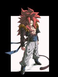  1boy absurdres blue_eyes blue_sash body_fur commentary_request dragon_ball dragon_ball_gt gogeta highres long_hair looking_at_viewer male_focus metamoran_vest monkey_boy monkey_tail muscular muscular_male pants pato007711 pectorals red_hair saiyan sash solo spiky_hair super_saiyan super_saiyan_4 tail vest white_pants 