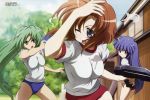  3girls absurdres blue_eyes brown_hair buruma furude_rika green_eyes green_hair gym_uniform highres higurashi_no_naku_koro_ni long_hair multiple_girls official_art ponytail purple_eyes purple_hair ryuuguu_rena short_hair sonozaki_mion sonozaki_shion water_gun wink 