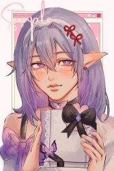  1girl blush box castorice_(honkai:_star_rail) commentary earrings gift gift_box highres holding holding_box honkai:_star_rail honkai_(series) incoming_gift jewelry long_hair nokkusuart pointy_ears purple_hair sample_watermark smile solo twitter_username upper_body very_long_hair violet_eyes watermark 
