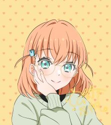  1girl absurdres alternate_costume aqua_sweater bespectacled character_signature closed_mouth commentary glasses hair_ornament hand_on_own_cheek hand_on_own_face heart heart_background highres hinoshita_kaho kujo_awenn link!_like!_love_live! looking_at_viewer love_live! orange_hair portrait rabbit_hair_ornament smile solo split_mouth sweater two_side_up virtual_youtuber yellow-framed_eyewear 