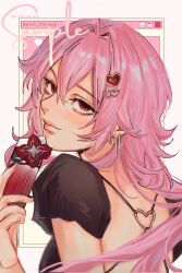  1girl back black_shirt box commentary ear_piercing english_commentary evernight_(honkai:_star_rail) gift gift_box hair_ornament heart heart_hair_ornament highres holding holding_box honkai:_star_rail honkai_(series) long_hair looking_at_viewer march_7th_(honkai:_star_rail) nokkusuart piercing pink_hair red_eyes sample_watermark shirt solo twitter_username upper_body very_long_hair watermark 