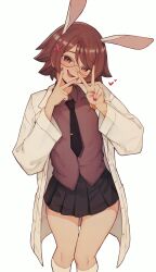  1girl absurdres animal_ears black_necktie black_skirt brown_eyes brown_hair collared_shirt cowboy_shot double_v extra_ears glasses heart highres indie_virtual_youtuber kneehighs lab_coat light_blush long_sleeves mishapyon_(vtuber) necktie open_mouth pleated_skirt rabbit_ears rabbit_girl red_nails red_shirt shirt sidelocks simple_background skirt socks solo teeth untucked_shirt upper_teeth_only v varniskarnis virtual_youtuber white_background white_socks 