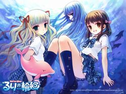  bow hair_ribbon highres kayano_ushio kneehighs long_hair looking_back mizusawa_ruri multiple_girls ribbon ruri-iro_rinne ruri_iro_rinne skirt smile twintails wallpaper water yoshinari_atsushi 