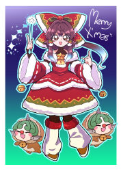  1girl adapted_costume animal_costume ascot bell black_leotard blush border bow brown_eyes brown_hair christmas clover_(clover11_40) commentary cosplay detached_sleeves dress fur-trimmed_sleeves fur_trim gradient_background hair_bow hair_ornament hair_tubes hakurei_reimu holding holding_wand holly_hair_ornament jingle_bell komano_aunn leg_warmers leotard long_hair merry_christmas pointing pointing_up red_bow red_skirt reindeer_costume ribbon-trimmed_sleeves ribbon_trim rudolph_the_red_nosed_reindeer rudolph_the_red_nosed_reindeer_(cosplay) santa_costume santa_dress simple_background skirt skirt_set smile solo touhou triangle_mouth wand white_background white_border yellow_ascot 