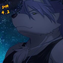 1boy animal_ears black_tank_top closed_mouth collarbone commentary_request dated dog_boy dog_ears furry furry_male grey_fur grey_hair highres jadenord jewelry kouya_aotsuki looking_at_viewer male_focus morenatsu necklace smile tank_top 