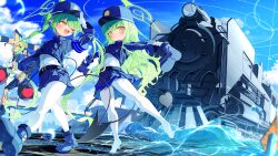  2girls blue_archive blue_boots blue_hat blue_jacket blue_shorts blue_skirt blush boots closed_mouth commentary_request demon_tail green_hair green_halo halo hat highres hikari_(blue_archive) holding holding_boots holding_unworn_clothes jacket locomotive long_hair multiple_girls nozomi_(blue_archive) open_mouth pantyhose pointy_ears railroad_tracks shirt sho_me_1853 shorts siblings sisters skirt steam_locomotive tail train twins twintails unworn_boots walking water white_pantyhose white_shirt yellow_eyes 