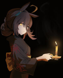  1girl absurdres animal_ears back_bow bbang_tkt black_hair black_kimono bow candle closed_mouth commentary eyes_visible_through_hair floral_print floral_print_kimono hair_between_eyes hair_bun highres holding holding_candle horse_ears horse_girl japanese_clothes kimono looking_at_viewer manhattan_cafe_(umamusume) obi print_kimono sash solo spider_lily_print umamusume untranslatable_commentary yellow_background yellow_sash 