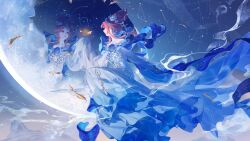  1girl absurdres blue_dress blue_flower bow-shaped_hair brooch brown_eyes cmpovar commentary constellation double_bun dress dusk english_commentary feathers flower full_body hair_bun hair_flower hair_ornament hand_on_mirror happy highres invisible_chair jewelry long_dress long_sidelocks long_sleeves looking_at_reflection mirror moonlit_reflection_(shining_nikki) mountain nikki_(nikki) nikki_(series) off-shoulder_dress off_shoulder official_art open_mouth outdoors pink_hair reflection ripples shining_nikki short_hair_with_long_locks sidelocks sitting sky sleeves_past_fingers sleeves_past_wrists smile smoke solo star_(sky) starry_sky updo wide_sleeves wind 