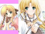  blonde_hair blush braid chocolate chocolate_heart dress dual_persona green_eyes hair_ribbon heart kareha long_hair pointy_ears ribbon sad shuffle shuffle! side_braid smile wallpaper 