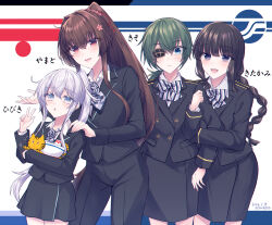  alternate_costume alternate_hairstyle arm_hug black_hair black_jacket black_panties black_skirt blazer blue_eyes bow bowtie brown_hair cat character_name commentary_request eyepatch gloves green_hair grey_eyes grey_hair hibiki_(kancolle) highres jacket kabocha_torute kantai_collection kiso_(kancolle) kiso_kai_ni_(kancolle) kitakami_(kancolle) long_hair low_ponytail neckerchief panties pleated_skirt ponytail red_eyes single_glove skirt smile striped_bow striped_bowtie striped_clothes striped_neckerchief travel_attendant underwear yamato_(kancolle) 