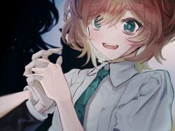  2girls :d brown_hair commentary green_eyes green_necktie hair_between_eyes highres interlocked_fingers koufuku_kei_(vocaloid) looking_ahead multiple_girls necktie out_of_frame portrait shirt short_hair short_sleeves silhouette smile tearing_up utuginko696 white_shirt 