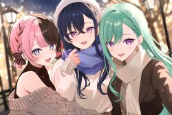 3girls :d absurdres aqua_hair black_bow black_hair black_shirt blazer blue_hair blurry blurry_background bow braid brown_cardigan brown_jacket brown_scarf brown_sweater cable_knit cardigan cardigan_partially_removed choppy_bangs commentary_request crossed_bangs depth_of_field hair_between_eyes hair_bow hand_up highres ichinose_uruha jacket jewelry lamppost lapels long_bangs long_hair long_sleeves looking_at_viewer multicolored_hair multiple_girls necklace night notched_lapels open_mouth outdoors parted_bangs pink_bow pink_hair purple_scarf scarf shirt short_hair side_braid sleeveless sleeveless_shirt smile split-color_hair sweater swept_bangs tachibana_hinano turtleneck turtleneck_shirt two-tone_hair upper_body violet_eyes virtual_youtuber vspo! winter_clothes yakumo_beni ysnhryk 