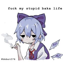  1girl absurdres blouse blue_bow blue_hair bow cigarette cirno collared_shirt commentary deburi276 double-parted_bangs dress english_commentary fuck_my_stupid_baka_life_(meme) hair_between_eyes hair_bow half-closed_eyes highres holding holding_cigarette icicle looking_at_viewer meme neck_ribbon pinafore_dress ribbon romaji_text shirt simple_background sleeveless sleeveless_dress smoke solo touhou upper_body white_background white_shirt 