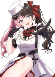  1girl absurdres belt black_belt black_gloves blue_eyes bow bowtie commentary_request earrings gloves highres inumugi jewelry knee_up long_hair multicolored_hair open_mouth pointing pointing_at_self reaching reaching_towards_viewer red_bow red_bowtie short_sleeves simple_background smile solo split-color_hair tachibana_hinano teeth twintails upper_teeth_only virtual_youtuber vspo! white_background 