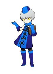  1girl absurdres black_pantyhose blue_boots blue_dress blue_gloves blue_hat blue_pants blunt_bangs bob_cut book boots commentary dress elizabeth_(persona) english_commentary full_body gloves grey_hair hat highres holding holding_book looking_at_viewer medium_dress official_art oribe_hanako pants pantyhose persona persona_3 persona_q:_shadow_of_the_labyrinth persona_q_(series) short_hair simple_background sleeveless sleeveless_dress smile solo white_background yellow_eyes 