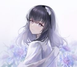  1girl arknights black_eyes black_hair black_hairband blurry blurry_background chinese_commentary closed_mouth commentary flower hairband highres light_smile long_hair looking_at_viewer pink_pupils portrait priestess_(arknights) purple_flower s41ty shirt solo turning_head white_background white_shirt 
