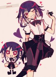  1boy alternate_costume black_bow black_shorts black_skirt blonde_streaks bow chibi chibi_inset crossdressing crossdressing_(mtf) earrings frills heart highres jewelry multicolored_hair one_eye_closed purple_hair shirt shorts skirt smile takueitaku the_hundred_line_-last_defense_academy- tsukumo_ima violet_eyes white_shirt 