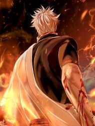  1boy back battle_damage blood commentary damaged facing_away fire from_behind gintama highres injury kihn_gm male_focus messy_hair muscular muscular_male sakata_gintoki solo untranslatable_commentary white_hair 