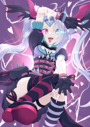  1girl absurdres ahoge asymmetrical_horns asymmetrical_legwear black_gloves black_shoes black_skirt blue_eyes commentary_request doll duel_masters duel_masters_gt electricity extra_eyes eye_trail floating_hair fur-trimmed_gloves fur_trim gloves glowing glowing_eyes grey_hair heart heterochromia highres horns kisaragi_(duel_masters) light_trail mismatched_horns monster_girl multicolored_hair multicolored_shoes multiple_horns open_mouth pink_eyes pink_hair pink_shoes sharp_teeth shirt shoes short_sleeves single_thighhigh skirt solo striped_clothes striped_thighhighs tattuuy teeth thigh-highs twintails 
