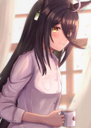  1girl ahoge animal_ears black_hair blush breasts closed_eyes coffee coffee_mug collared_shirt commentary_request cup ear_tag earrings hair_between_eyes holding holding_cup horse_ears horse_girl jewelry long_bangs long_hair long_hair_between_eyes long_sleeves looking_at_viewer manhattan_cafe_(umamusume) mug multicolored_hair shirt single_earring small_breasts smile solo thurumu umamusume upper_body very_long_hair white_hair white_shirt yellow_eyes 