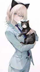  1girl absurdres alva_(girls'_frontline_2) an-94_(antje)_(girls'_frontline) an-94_(girls'_frontline) animal animal_ear_hairband animal_ears aqua_jacket aqua_pants aqua_suit black_cat blonde_hair blue_eyes blue_necktie cat cat_ears collared_shirt commentary cowboy_shot fake_animal_ears girls'_frontline_2:_exilium girls_frontline glasses hairband highres holding holding_animal jacket long_sleeves looking_at_viewer medium_hair necktie official_alternate_costume pants renoahh shirt simple_background smile solo suit white_background white_shirt 